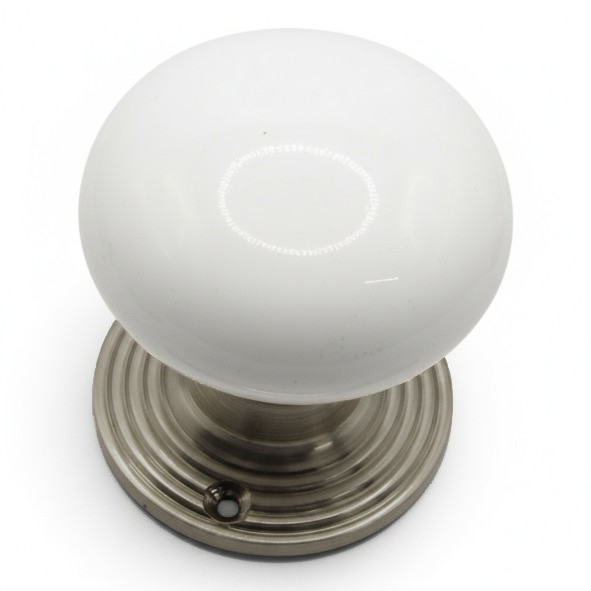 PDF1009R2/SNP � White / Satin Nickel � Period Ceramic Mushroom Mortice / Rim Knob Set With Ringed Roses