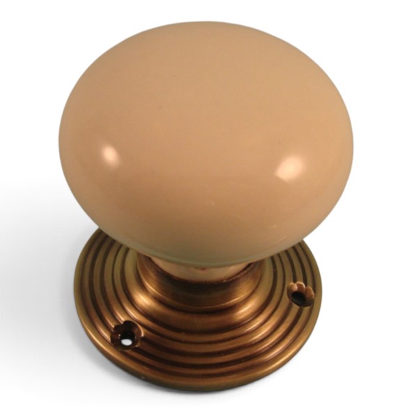 PDF1010R2/AB � Cream / Antique Brass � Period Ceramic Mushroom Mortice / Rim Knob Set With Ringed Roses
