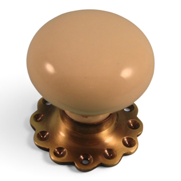 PDF1010F2/AB � Cream / Antique Brass � Period Ceramic Mushroom Mortice / Rim Knob Set With Flower Roses