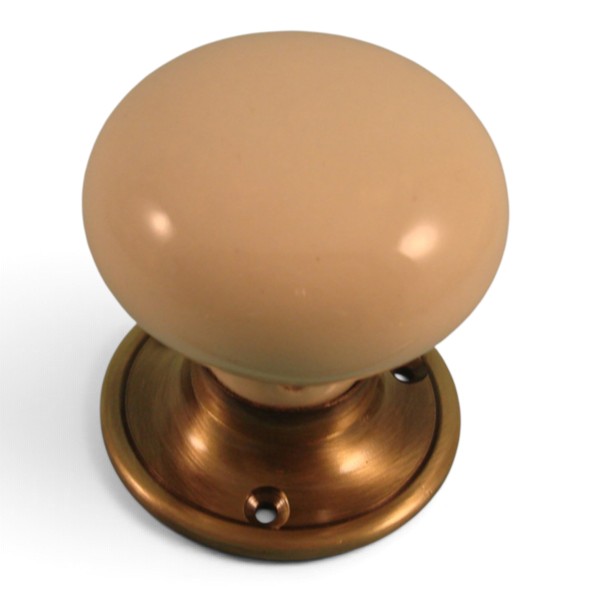 PDF1010P2/AB � Cream / Antique Brass � Period Ceramic Mushroom Mortice / Rim Knob Set With Classic Roses