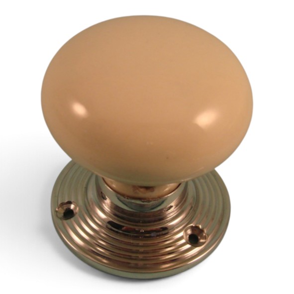 PDF1010R2/CP � Cream / Polished Chrome � Period Ceramic Mushroom Mortice / Rim Knob Set With Ringed Roses
