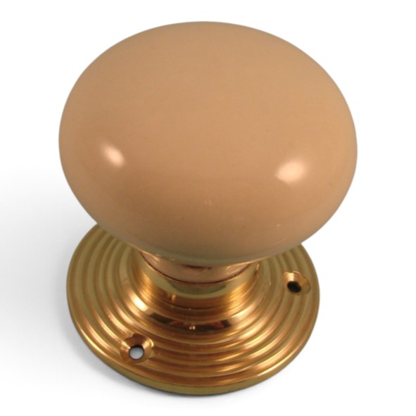 PDF1010R2/PB � Cream / Polished Brass � Period Ceramic Mushroom Mortice / Rim Knob Set With Ringed Roses