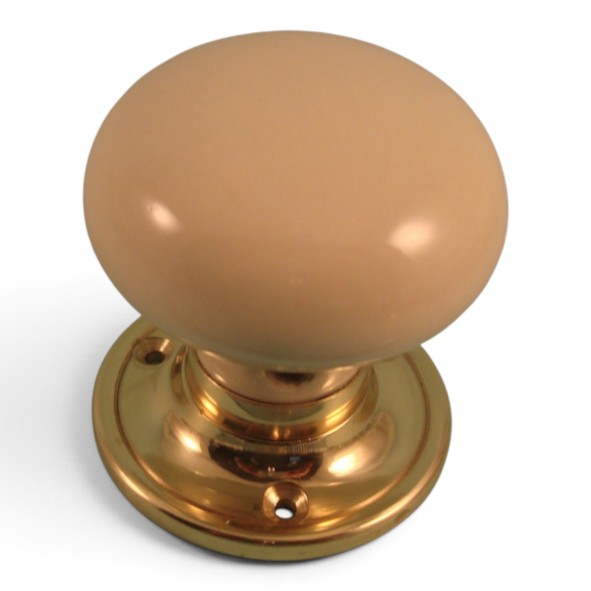 PDF1010P2/PB � Cream / Polished Brass � Period Ceramic Mushroom Mortice / Rim Knob Set With Classic Roses
