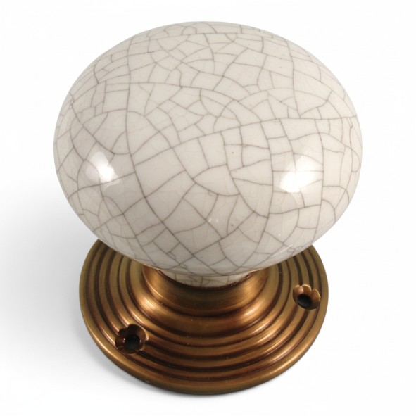 PDF1011R2/AB � White Crackle / Antique Brass � Period Ceramic Mushroom Mortice / Rim Knob Set With Ringed Roses