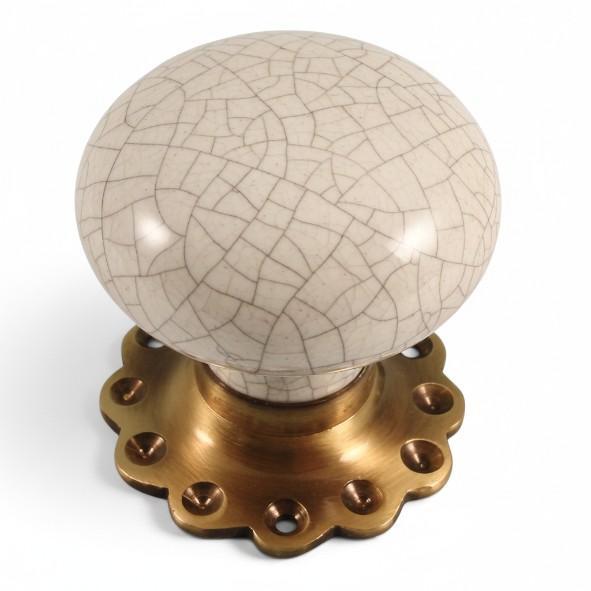 PDF1011F2/AB � White Crackle / Antique Brass � Period Ceramic Mushroom Mortice / Rim Knob Set With Flower Roses