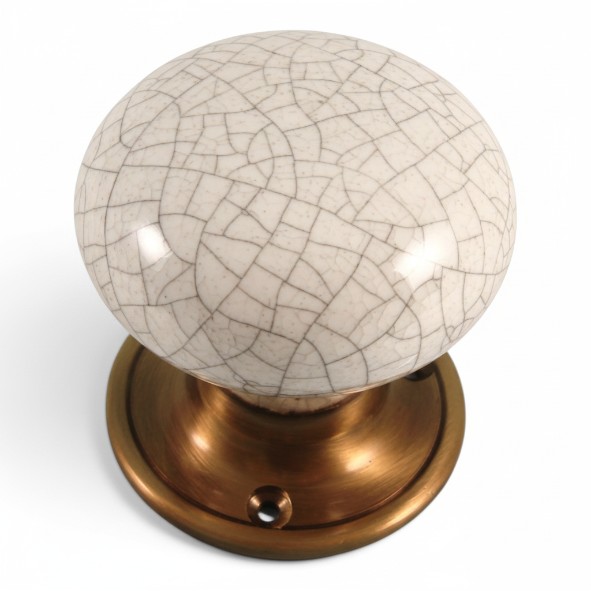 PDF1011P2/AB � White Crackle / Antique Brass � Period Ceramic Mushroom Mortice / Rim Knob Set With Classic Roses