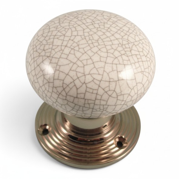 PDF1011R2/CP � White Crackle / Polished Chrome � Period Ceramic Mushroom Mortice / Rim Knob Set With Ringed Roses