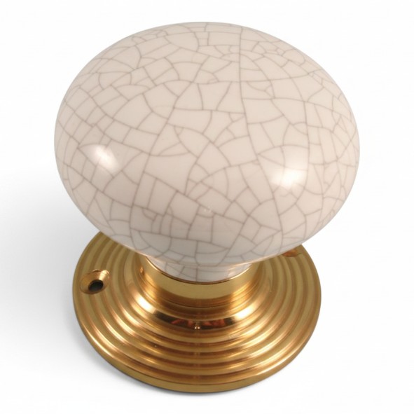 PDF1011R2/PB � White Crackle / Polished Brass � Period Ceramic Mushroom Mortice / Rim Knob Set With Ringed Roses