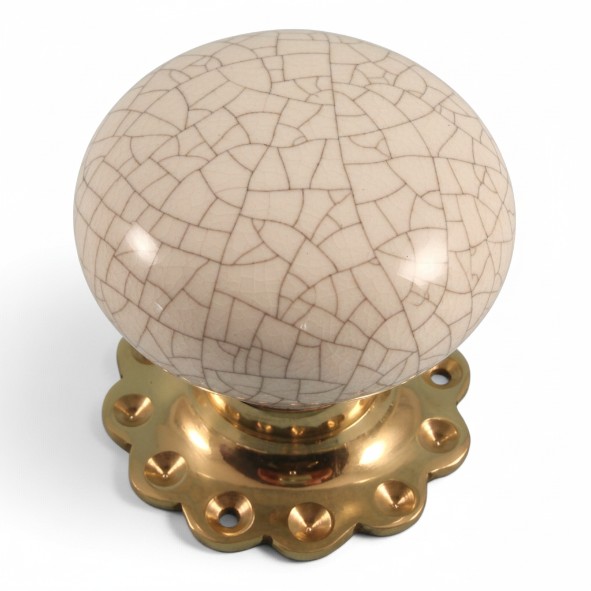 PDF1011F2/PB � White Crackle / Polished Brass � Period Ceramic Mushroom Mortice / Rim Knob Set With Flower Roses