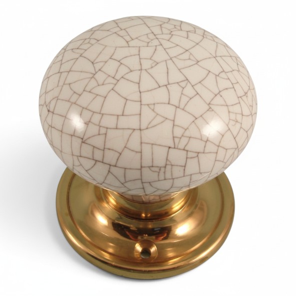 PDF1011P2/PB � White Crackle / Polished Brass � Period Ceramic Mushroom Mortice / Rim Knob Set With Classic Roses