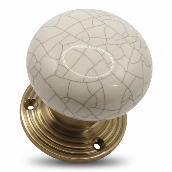 PDF1011R2/SNP � White Crackle / Satin Nickel � Period Ceramic Mushroom Mortice / Rim Knob Set With Ringed Roses