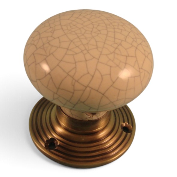 PDF1012R2/AB � Cream Crackle / Antique Brass � Period Ceramic Mushroom Mortice / Rim Knob Set With Ringed Roses