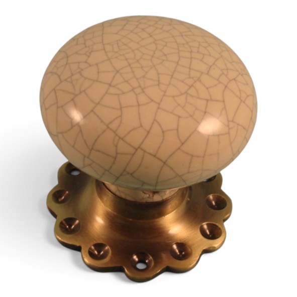 PDF1012F2/AB � Cream Crackle / Antique Brass � Period Ceramic Mushroom Mortice / Rim Knob Set With Flower Roses