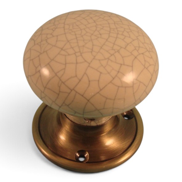 PDF1012P2/AB � Cream Crackle / Antique Brass � Period Ceramic Mushroom Mortice / Rim Knob Set With Classic Roses