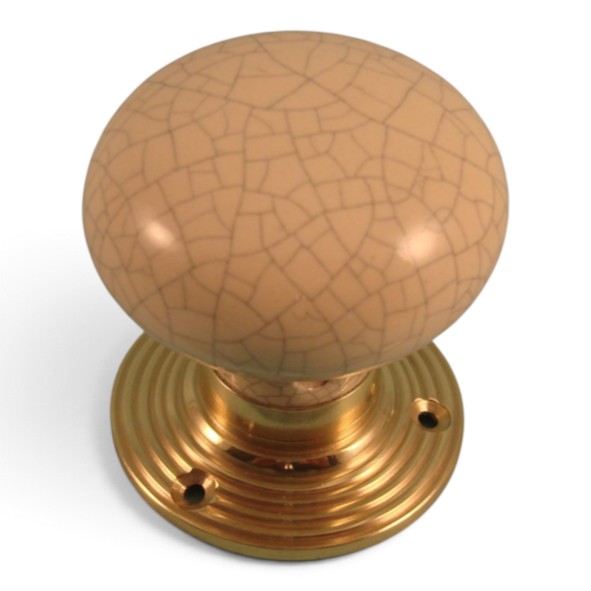 PDF1012R2/PB � Cream Crackle / Polished Brass � Period Ceramic Mushroom Mortice / Rim Knob Set With Ringed Roses