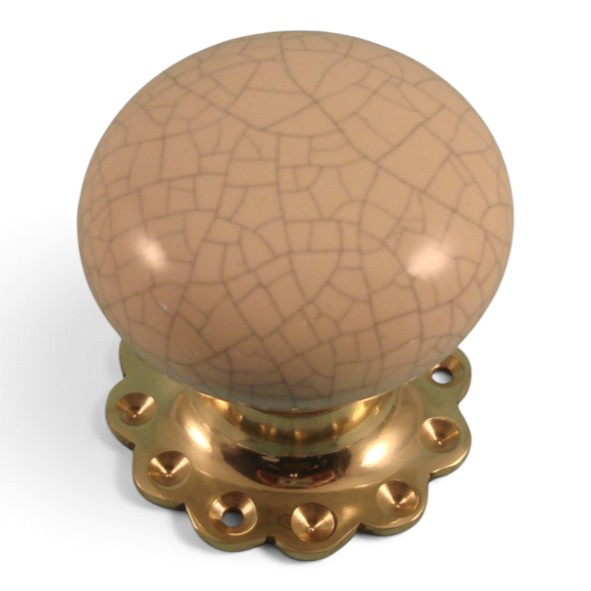PDF1012F2/PB � Cream Crackle / Polished Brass � Period Ceramic Mushroom Mortice / Rim Knob Set With Flower Roses