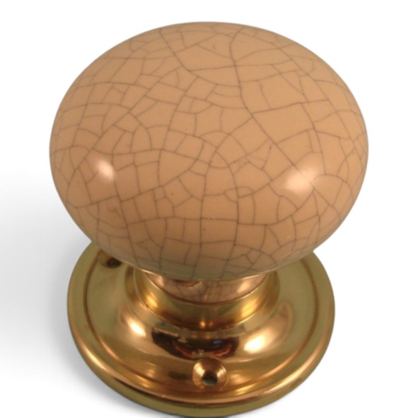 PDF1012P2/PB � Cream Crackle / Polished Brass � Period Ceramic Mushroom Mortice / Rim Knob Set With Classic Roses