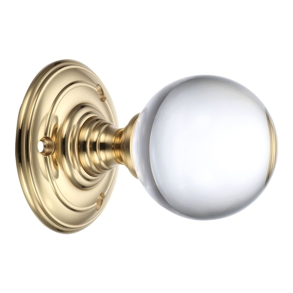 FB300 • Polished Brass & Clear • Fulton & Bray Clear Mortice Knobs On Ringed Round Roses