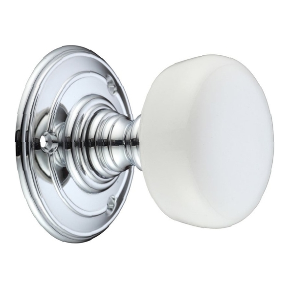 FB304PWCP  Plain White & Polished Chrome  Fulton & Bray Porcelain Mortice Knobs On Round Roses