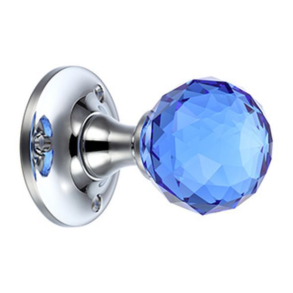 FB401CPB  Polished Chrome / Blue  Fulton & Bray Faceted Mortice Knobs On Plain Round Roses