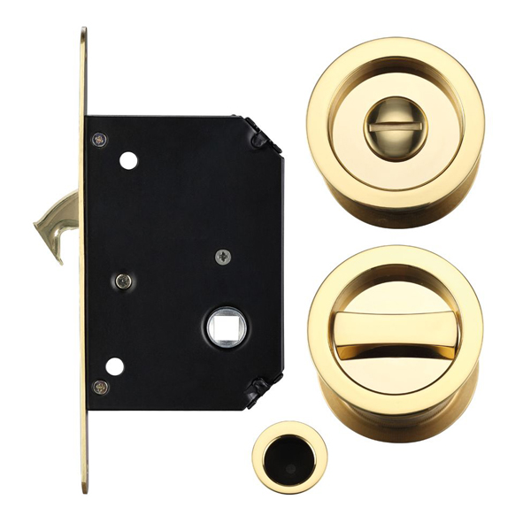 FB82 • For 35 to 45mm Door • Polished Brass • Sliding Bathroom Lock Set With Round Fittings