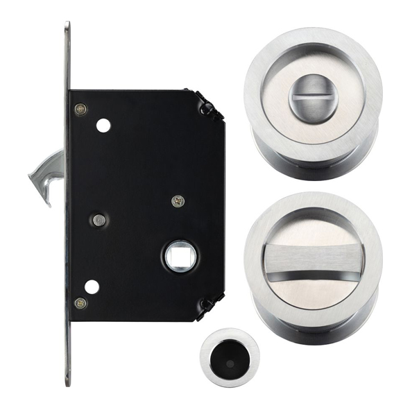 FB81SC • For 35 to 45mm Door • Satin Chrome • Sliding Bathroom Lock Set With Round Fittings