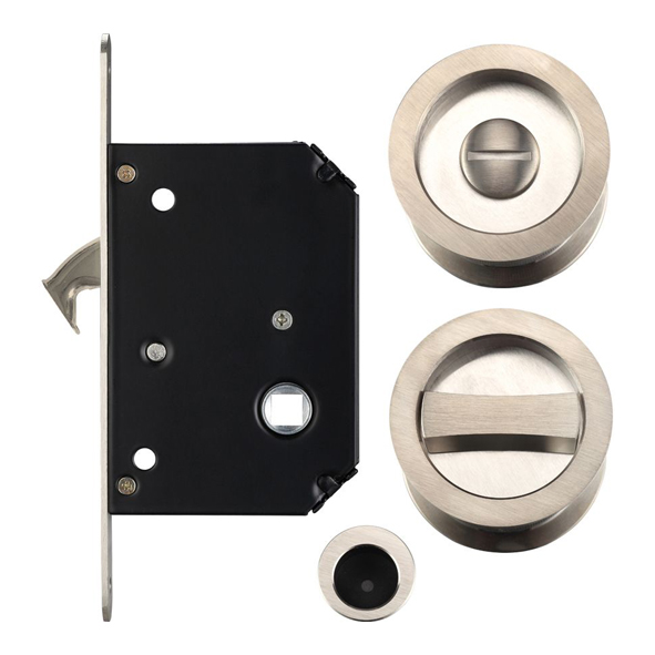 FB81SN • For 35 to 45mm Door • Satin Nickel • Sliding Bathroom Lock Set With Round Fittings