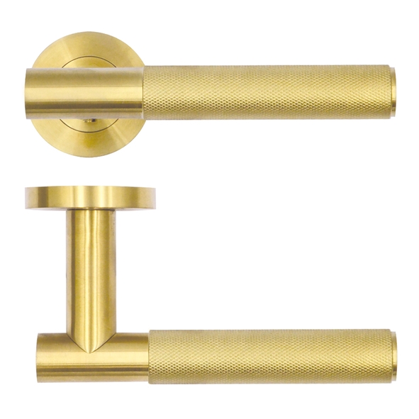 RT060PVDSB • PVD Satin Brass • Rosso Tecnica Orta Levers On Round Roses