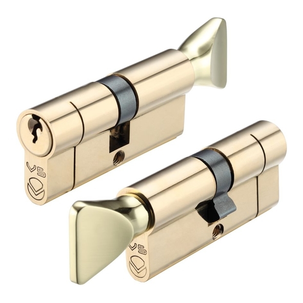 V5EP60CTPBKA  K 30mm / T 30mm  Polished Brass  Veir 5 Pin Keyed Alike Euro Cylinder With Turn