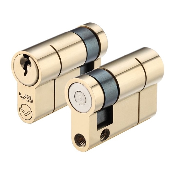 V5EP55SPBKA • 55mm [45mm] • Polished Brass • Veir 5 Pin Keyed Alike Euro Single Cylinder