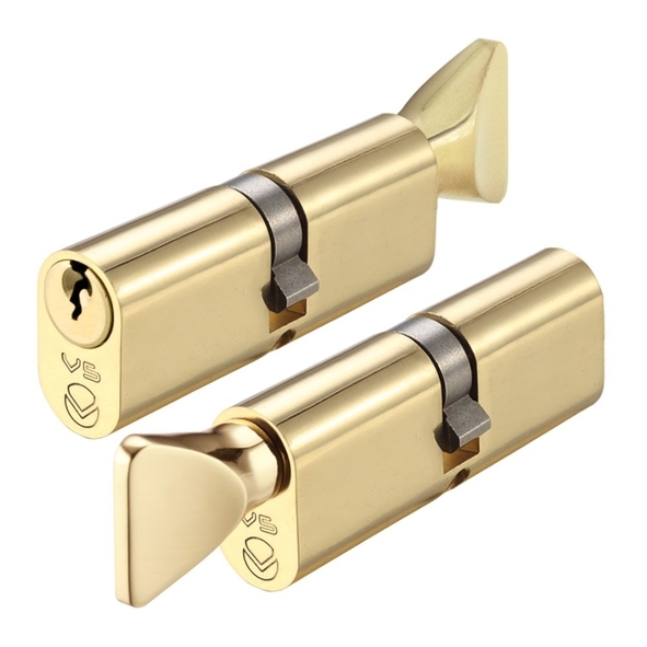 V5OP70CTPBE • K 35mm / T 35mm • Polished Brass • Veir 5 Pin Oval Cylinder With Turn