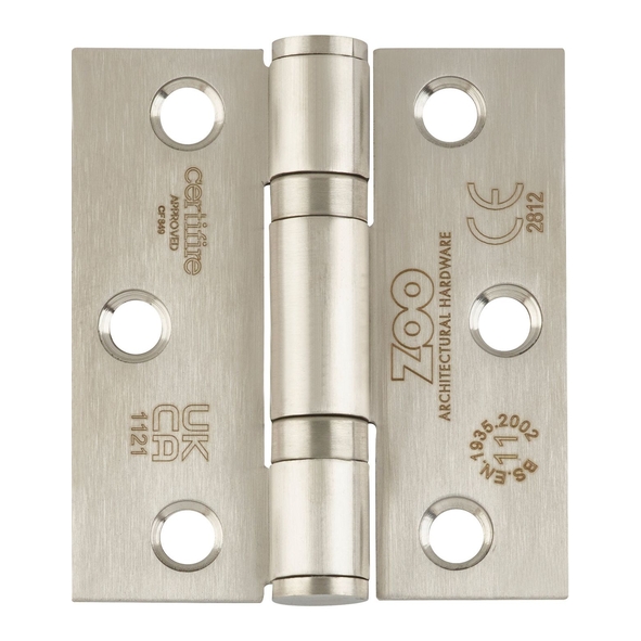 ZHSS7667S-SSS  076 x 067 x 2.5mm  Satin SS [80kg]  G11 CE Ball Bearing Square Corner 201 Stainless Butt Hinges