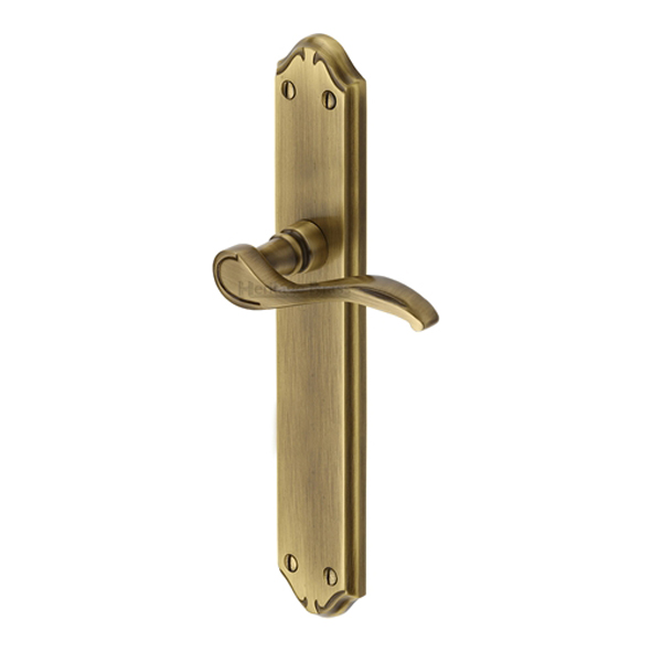 MM827-AT  Long Plate Latch  Antique Brass  Heritage Brass Verona Levers On Long Backplates