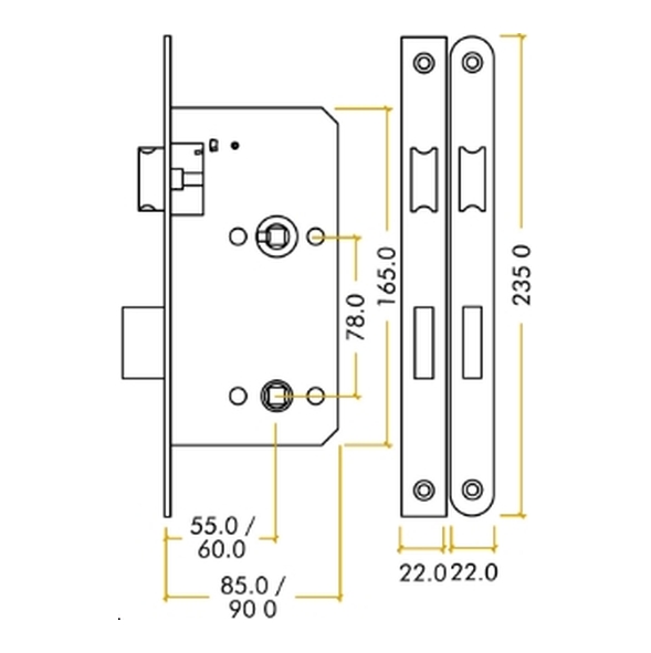 ZDL7855SS • 085mm [055mm] • Satin Stainless • Square • Zoo Hardware DIN Bathroom Lock