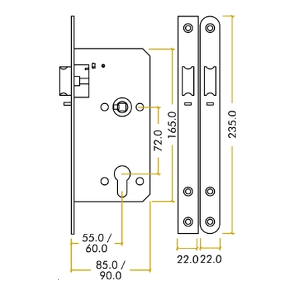 ZDL7255NLRSS • 085mm [055mm] • Satin Stainless • Radiused • Zoo Hardware DIN Nightlatch Case