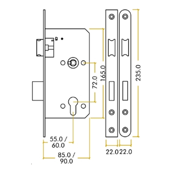 ZDL7255RSS • 085mm [055mm] • Satin Stainless • Radiused • Zoo Hardware DIN Sashlock Case